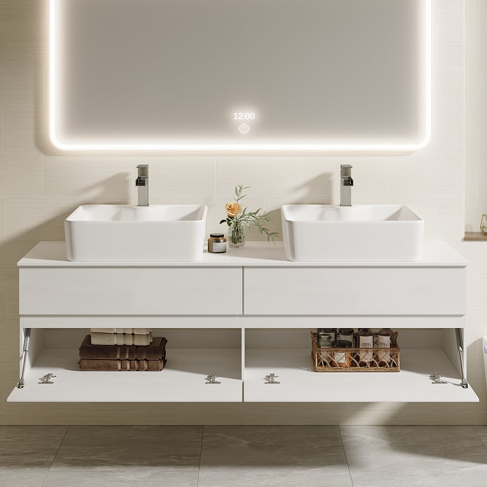 60" Floating Bathroom Vanity Set with Faux Marble Top & Ceramic Vessel Sink