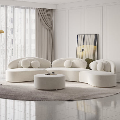 Modern white sectional sofa in a stylish living room with a mirror and curtains.