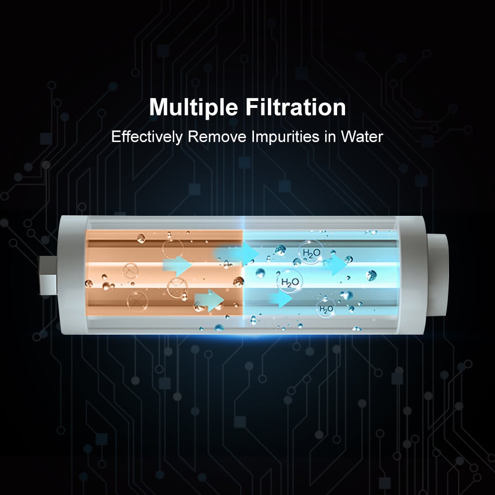 Illustration of a water filtration system with text on a dark background