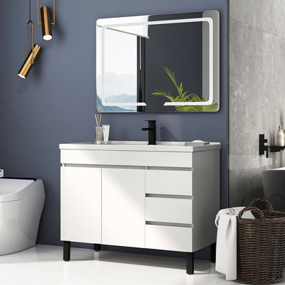 Bathroom with white vanity, mirror, and decorative elements
