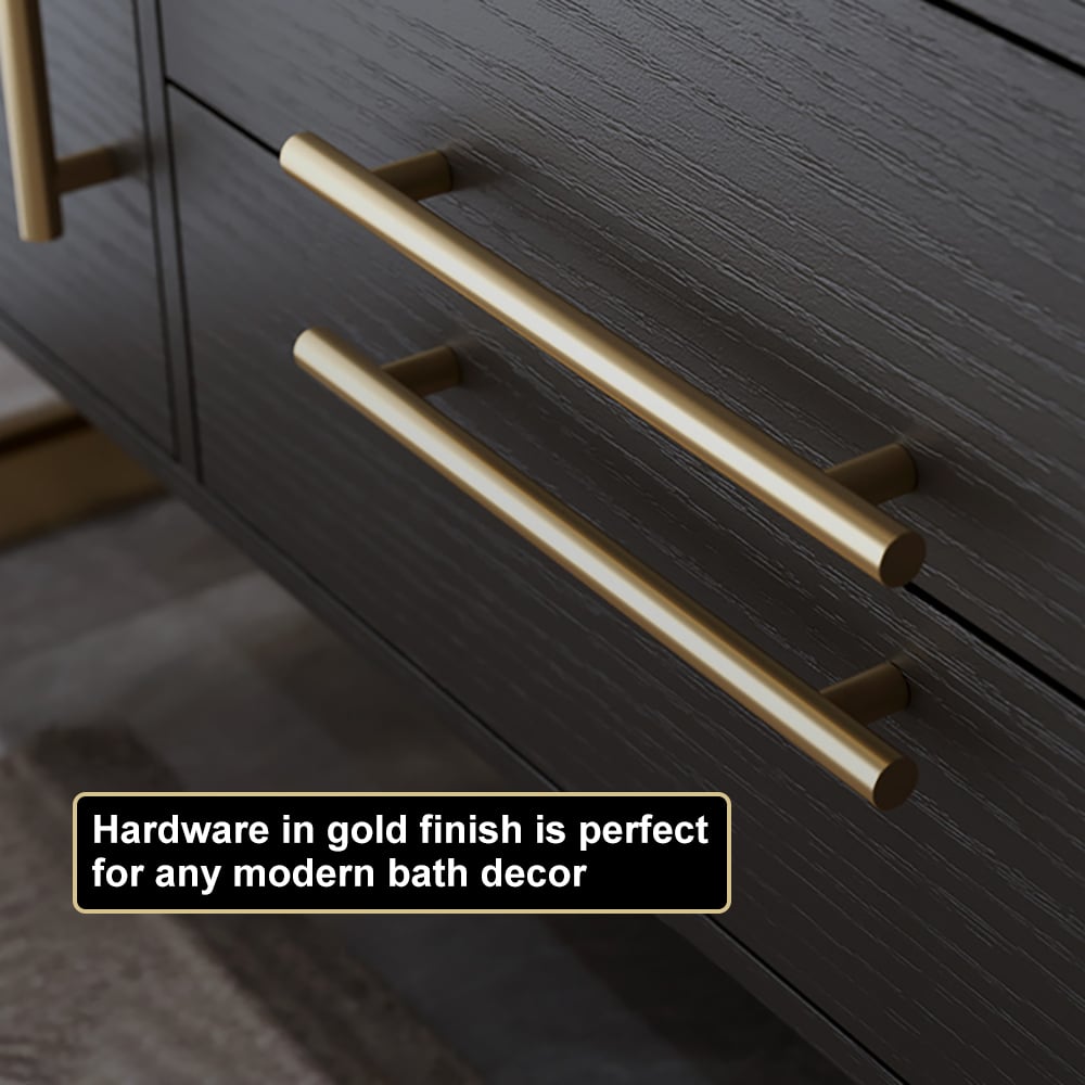 Gold cabinet handles on a dark wooden cabinet with text overlay.