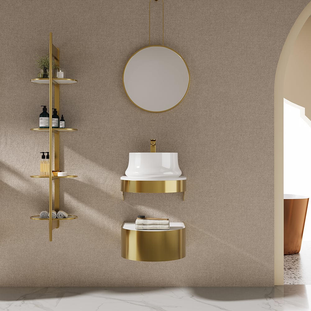 Bathroom setup with gold vanity, round mirror, and shelves against a beige wall.
