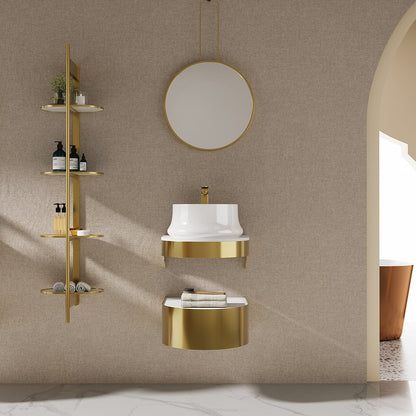 Bathroom setup with gold vanity, round mirror, and shelves against a beige wall.