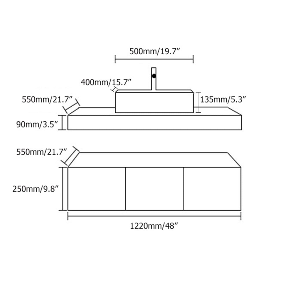 Measurement diagram of a piece of furniture with dimensions labeled in millimeters and inches.