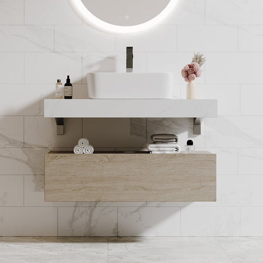 Bathroom Vanity Set 35.4" Modern Floating Bathroom Vanity White and Natural with Sink