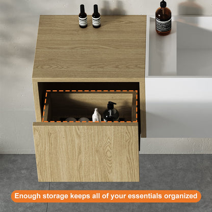 Wooden storage unit with open drawer containing bottles, on a bathroom counter.