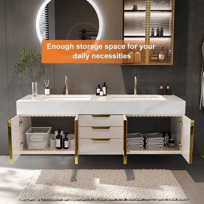 Bathroom vanity with storage space and daily necessities on a gray floor.