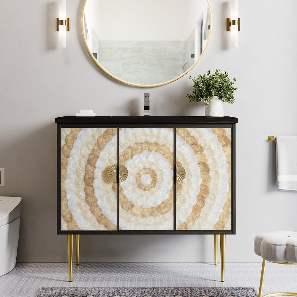 Bathroom vanity with decorative panel and round mirror