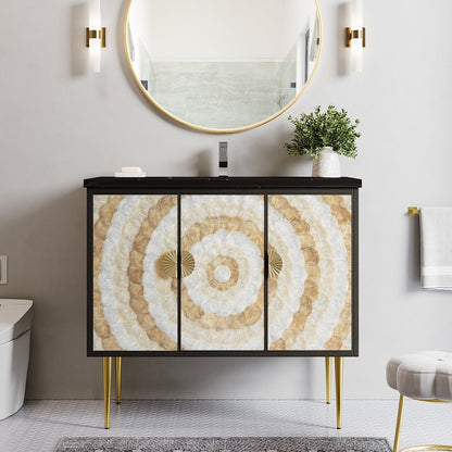 Bathroom vanity with decorative panel and round mirror