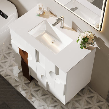 Modern bathroom vanity with sink and mirror in a stylish room.
