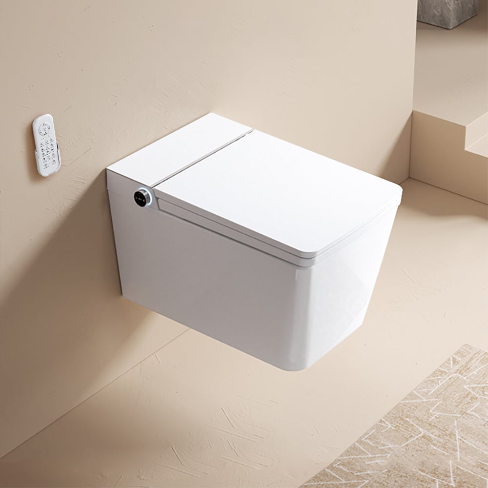 White wall-mounted toilet with a remote control on a beige wall.