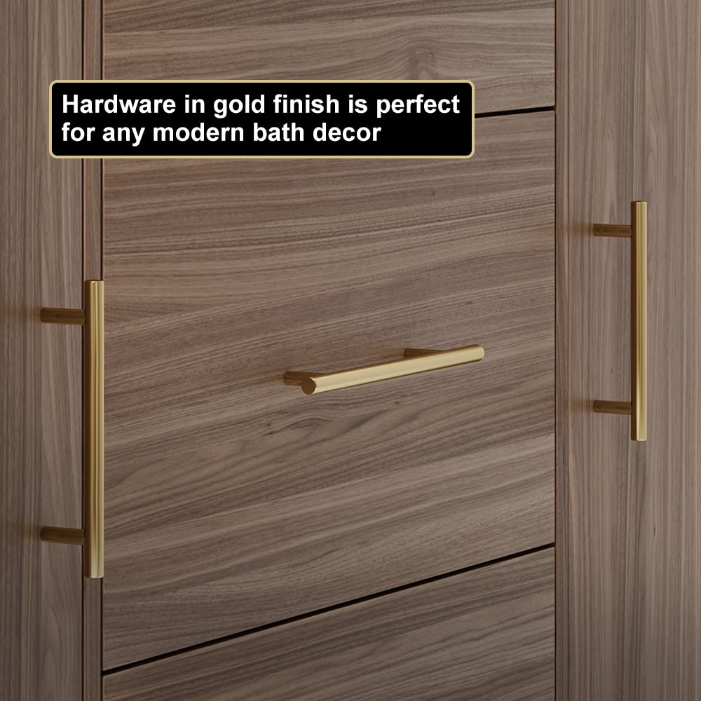 Wooden cabinet with gold hardware and text overlay on a wooden background