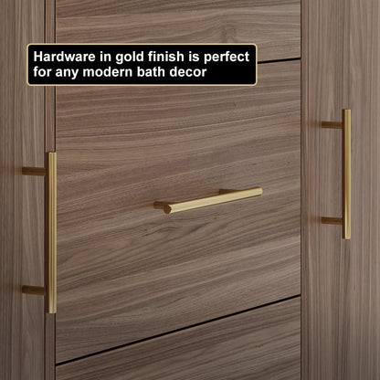 Wooden cabinet with gold hardware and text overlay on a wooden background