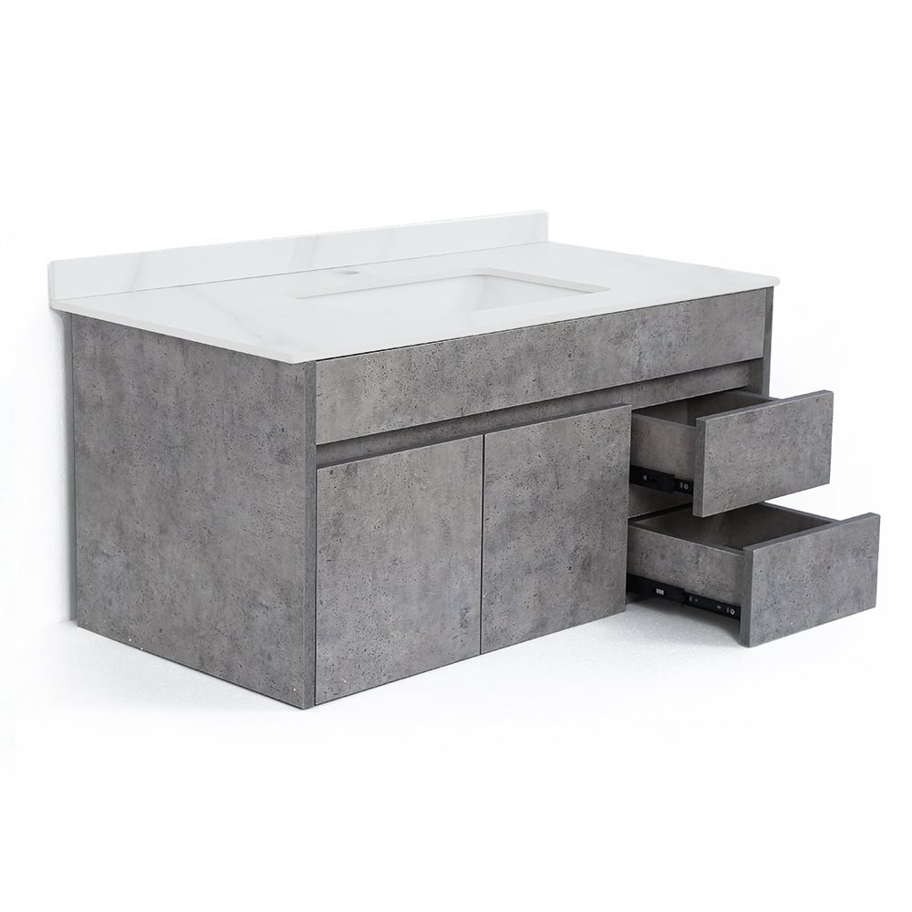 Bathroom vanity with concrete finish and white countertop on a white background