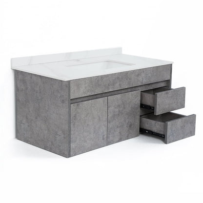 Bathroom vanity with concrete finish and white countertop on a white background