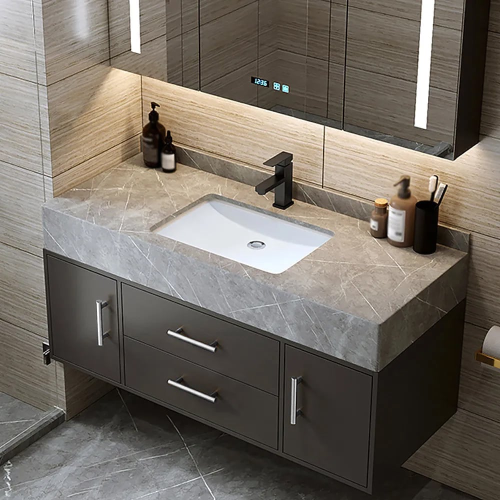 Bathroom vanity with sink and mirror in a modern bathroom setting