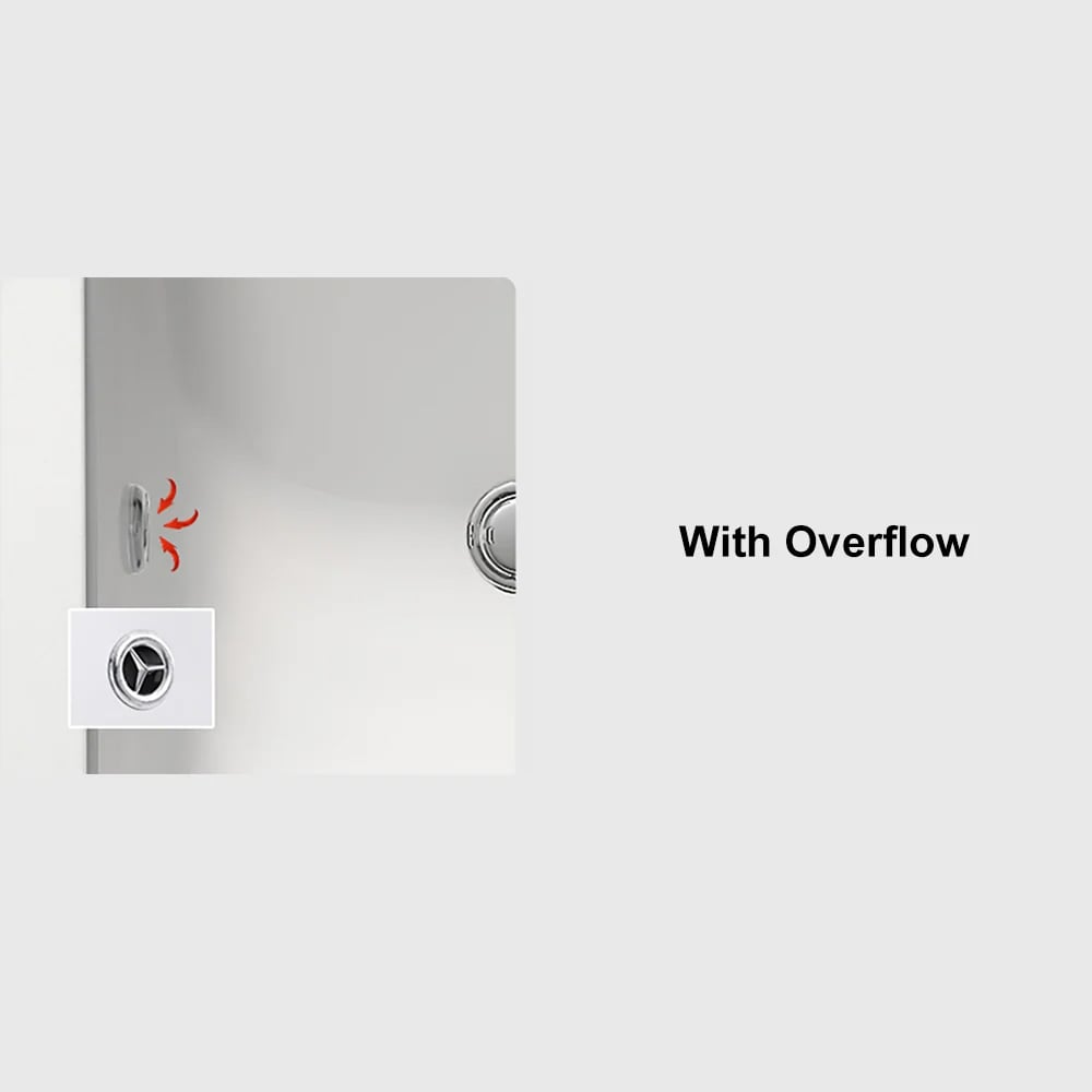 Stainless steel shower enclosure with overflow feature on a white background