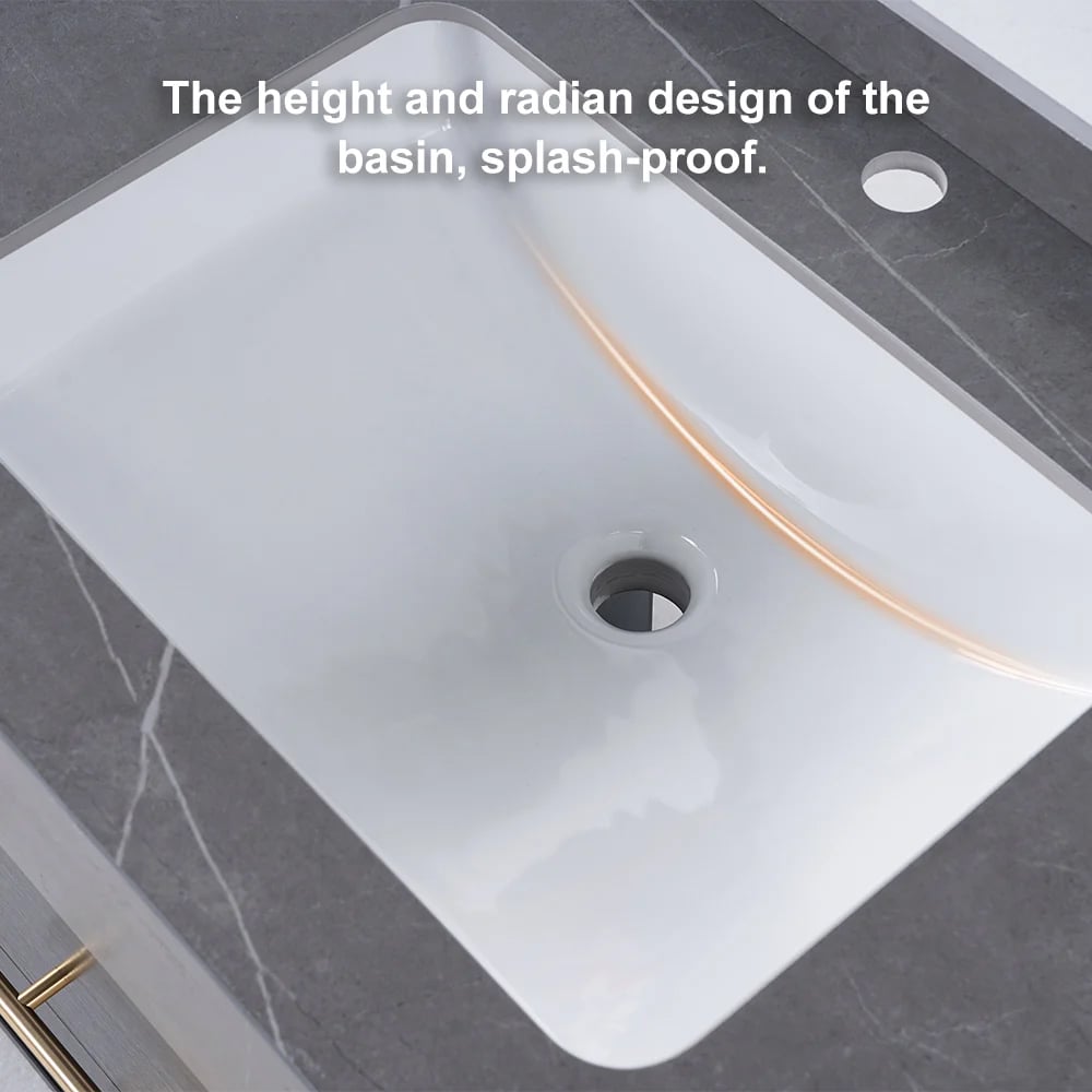 White basin on a gray marble countertop with text describing its design.