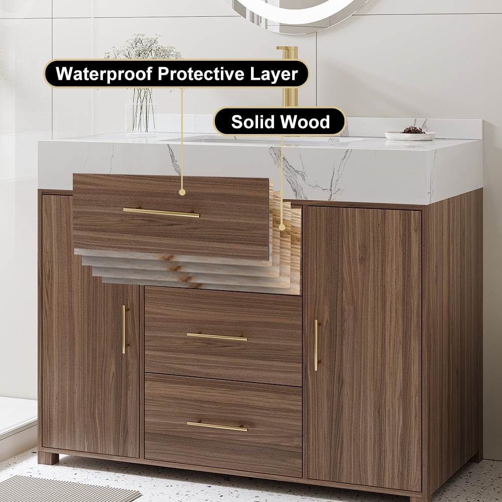 Wooden bathroom vanity with marble countertop and gold fixtures, emphasizing waterproof protective layer and solid wood construction.