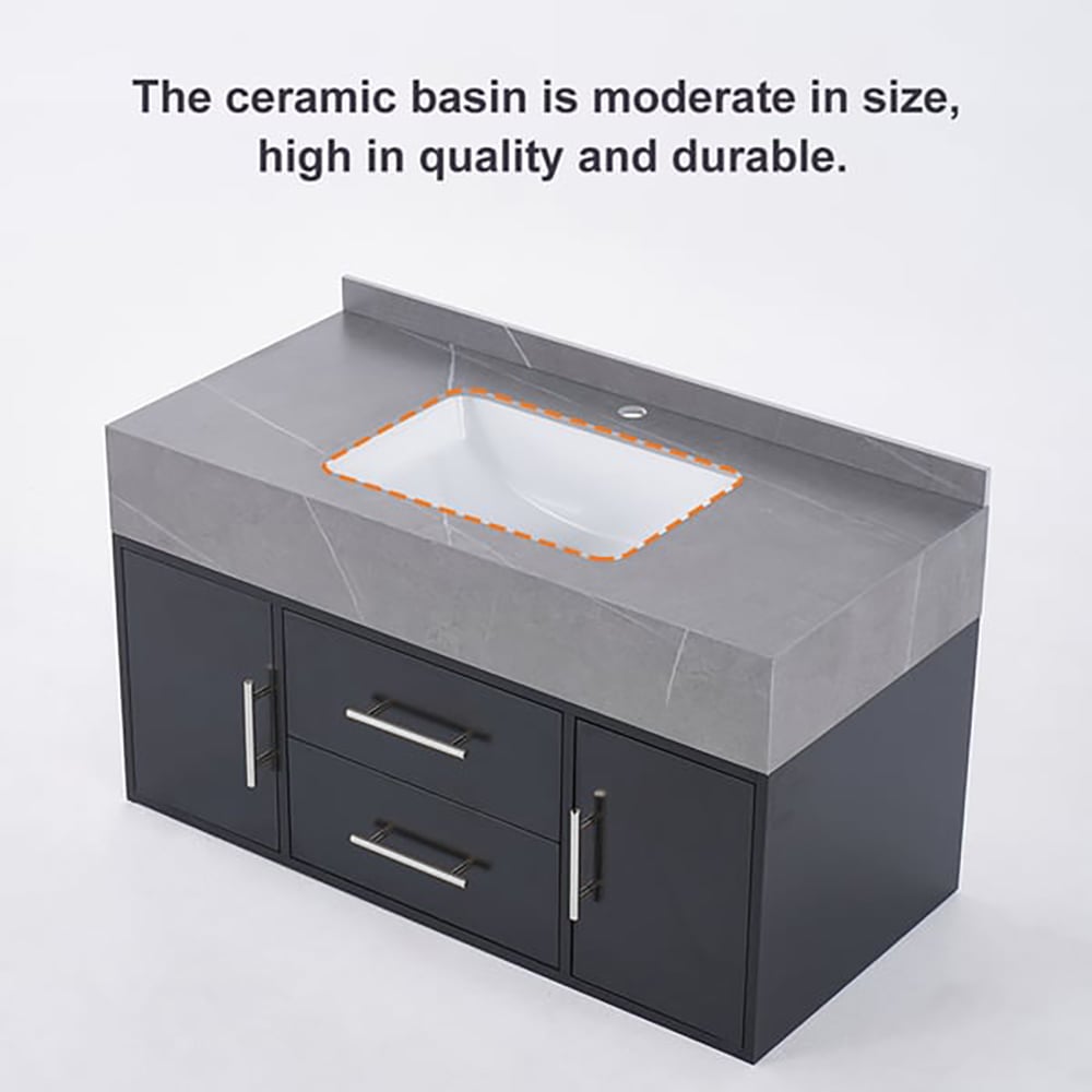 Bathroom vanity with gray countertop and white basin on a light gray background
