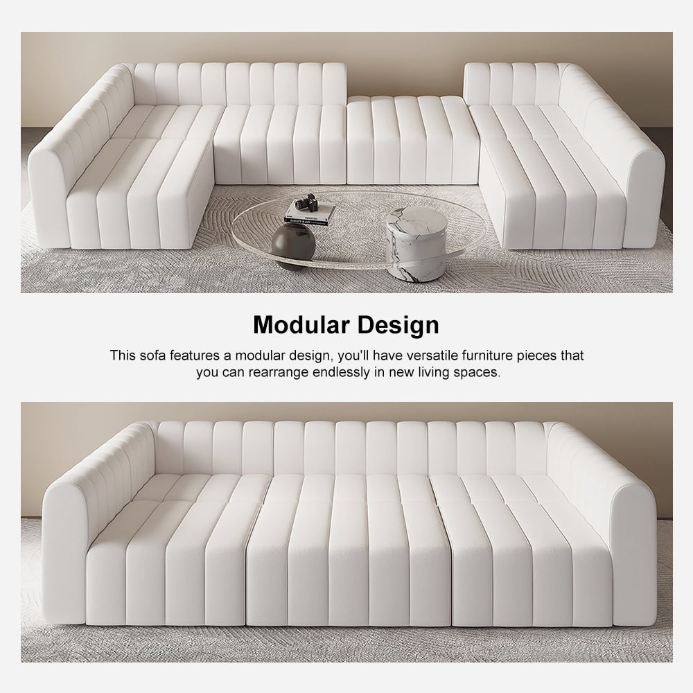 Modular white sofa with text describing its design flexibility.