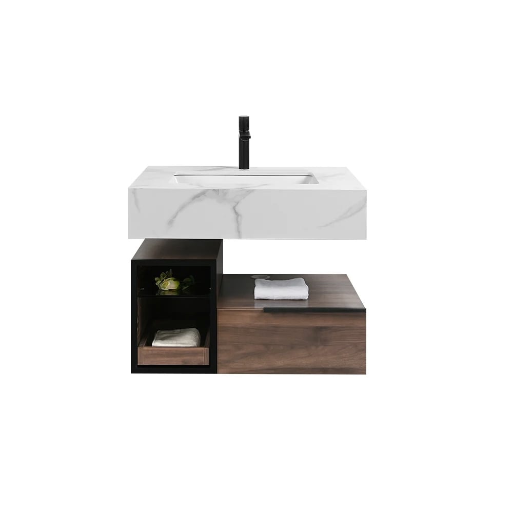 Bathroom vanity with marble countertop and wooden cabinet on a white background