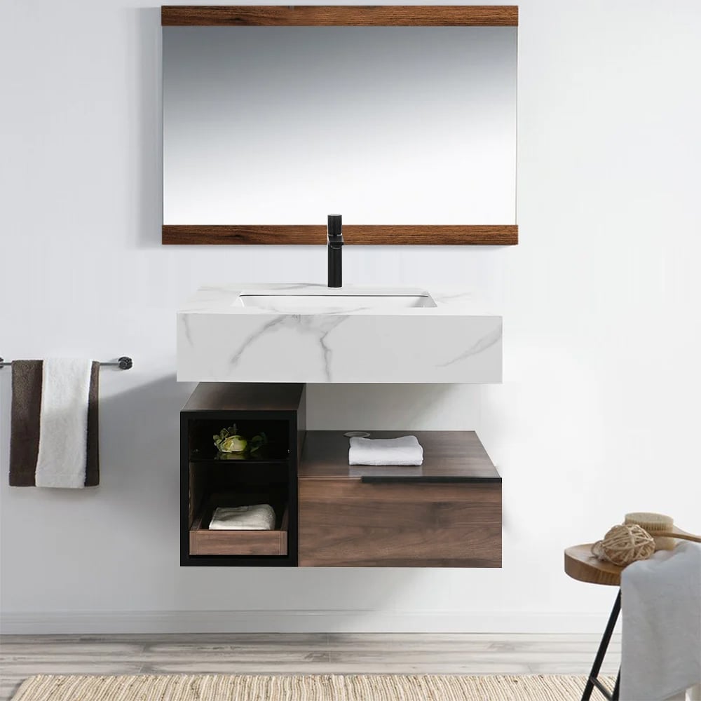 Bathroom vanity with marble countertop, wooden shelves, and mirror on a white wall.