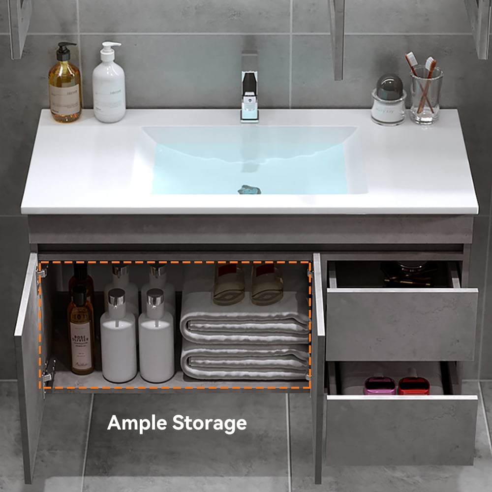 Bathroom vanity with open cabinet showing storage capacity, featuring a sink and toiletries.