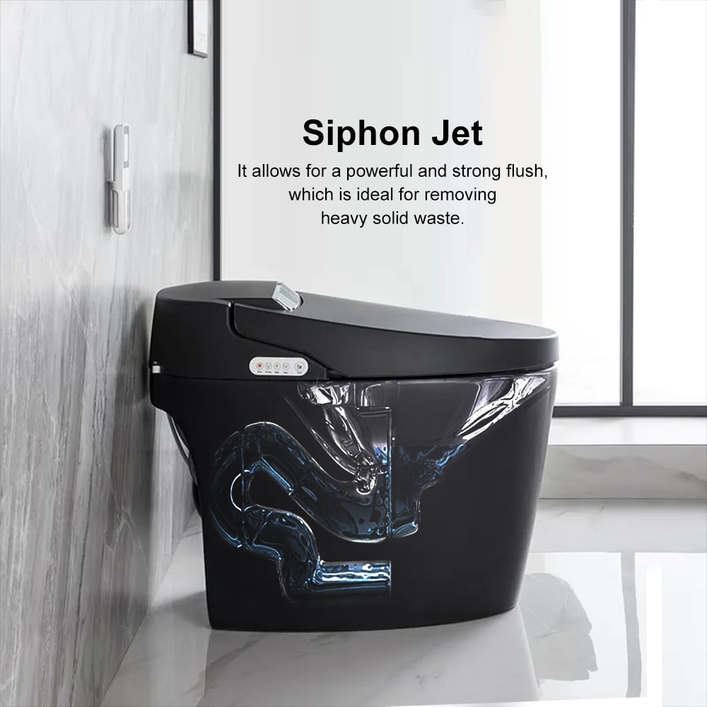 Modern black toilet with siphon jet technology in a bathroom setting