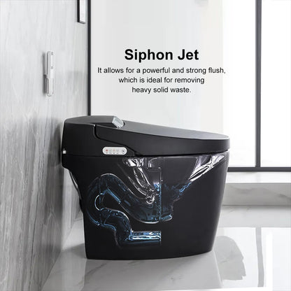 Modern black toilet with siphon jet technology in a bathroom setting