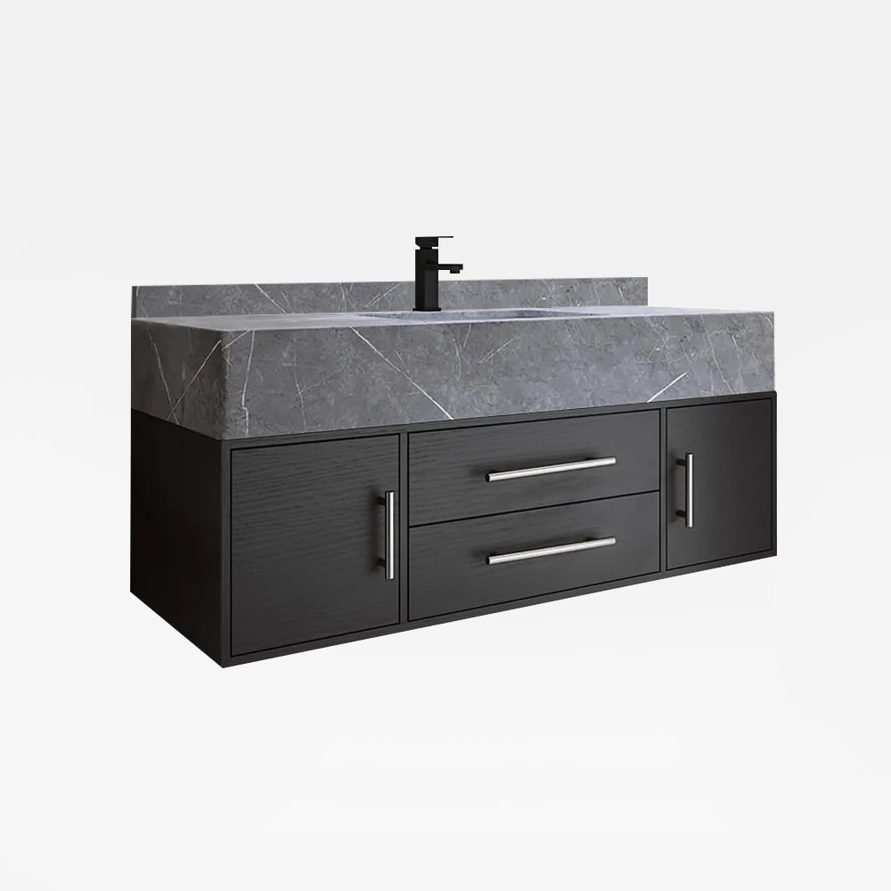 Bathroom vanity with dark finish and gray countertop on a white background