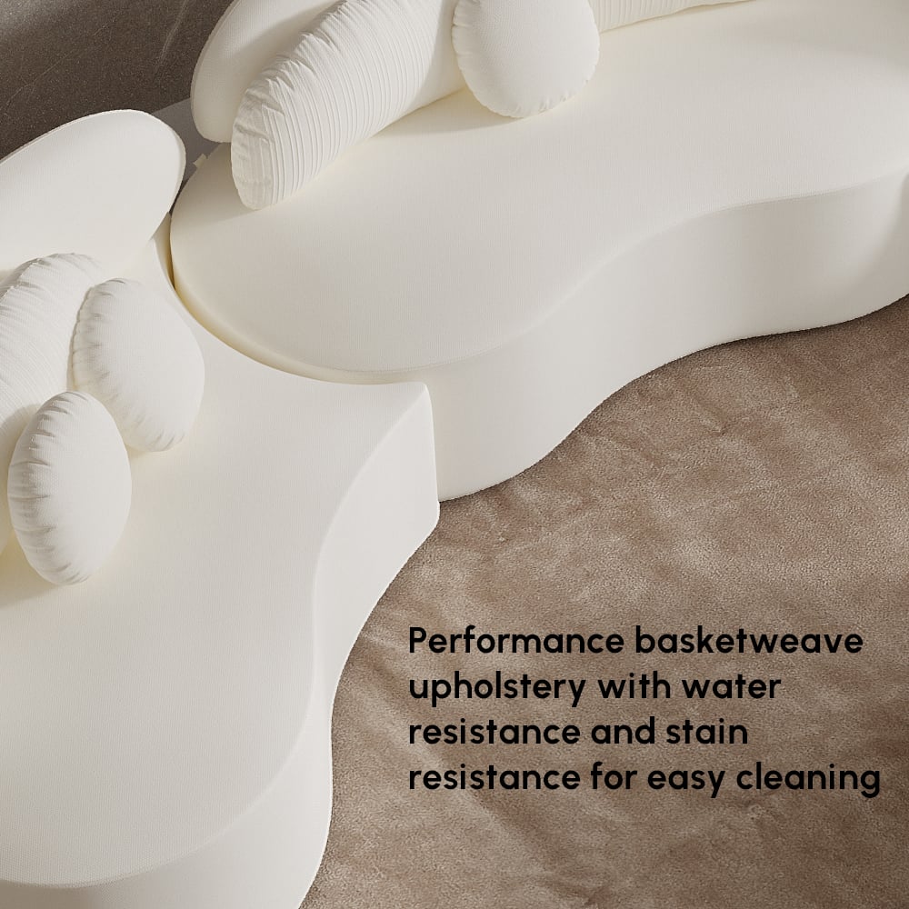 Close-up of white basketweave upholstery material on a textured brown surface with text overlay.