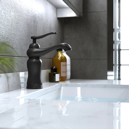 Black faucet on a white countertop with a modern kitchen background