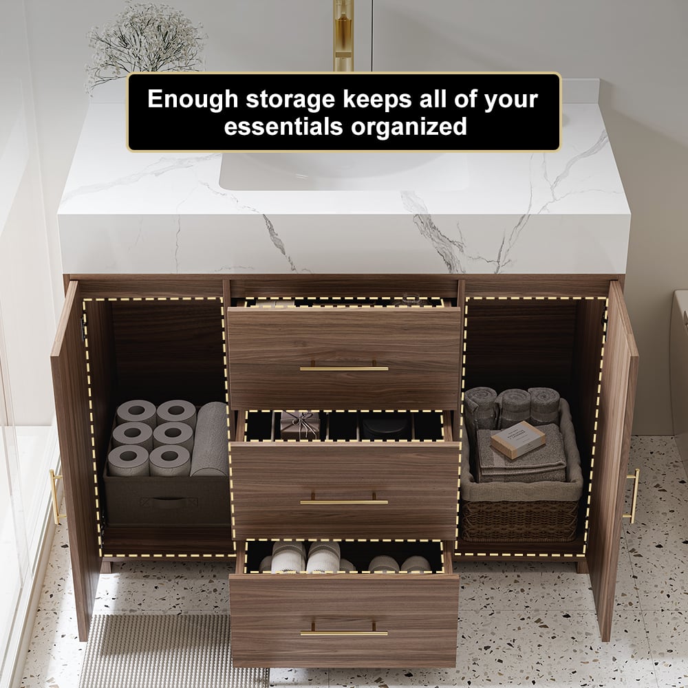 Bathroom vanity with open drawers and storage compartments, featuring text about storage organization.