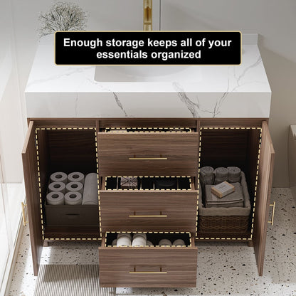 Bathroom vanity with open drawers and storage compartments, featuring text about storage organization.