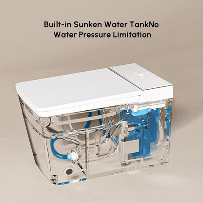 Clear cutaway of a built-in sunken water tank with text on a beige background