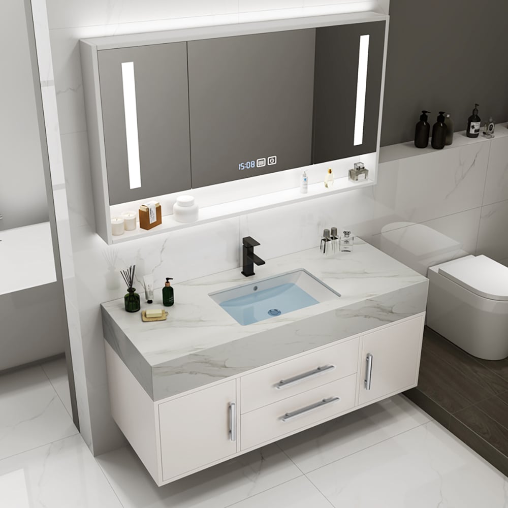 Bathroom vanity with sink, mirror, and toiletries in a modern bathroom setting.
