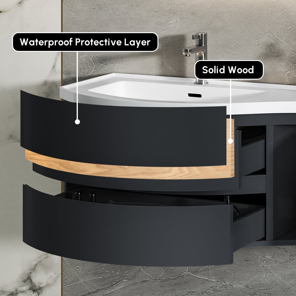 Bathroom vanity with black finish and wooden accents, featuring labels for waterproof protective layer and solid wood.