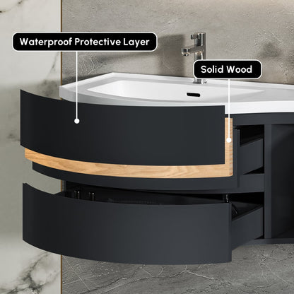 Bathroom vanity with black finish and wooden accents, featuring labels for waterproof protective layer and solid wood.