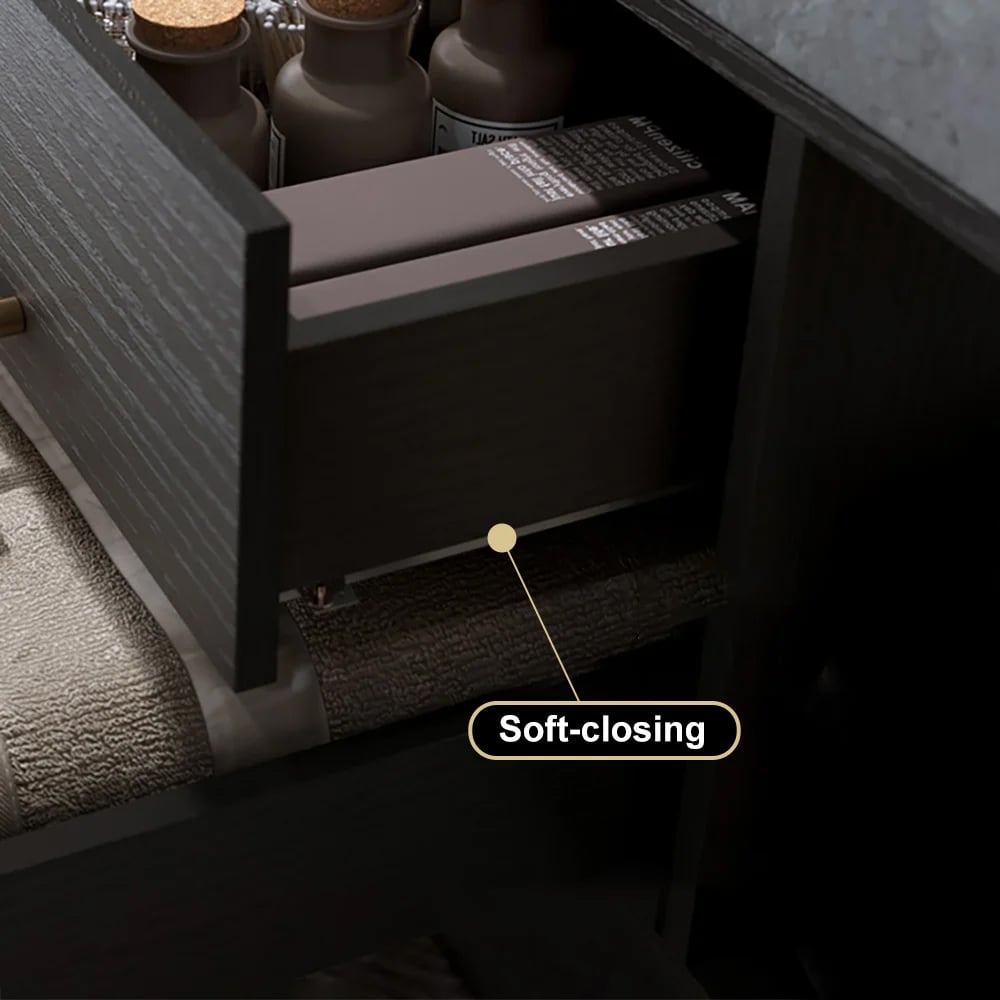 Open drawer with soft-closing feature labeled, showing a close-up of the drawer mechanism.