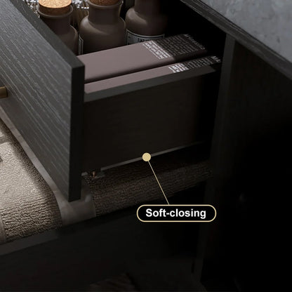 Open drawer with soft-closing feature labeled, showing a close-up of the drawer mechanism.