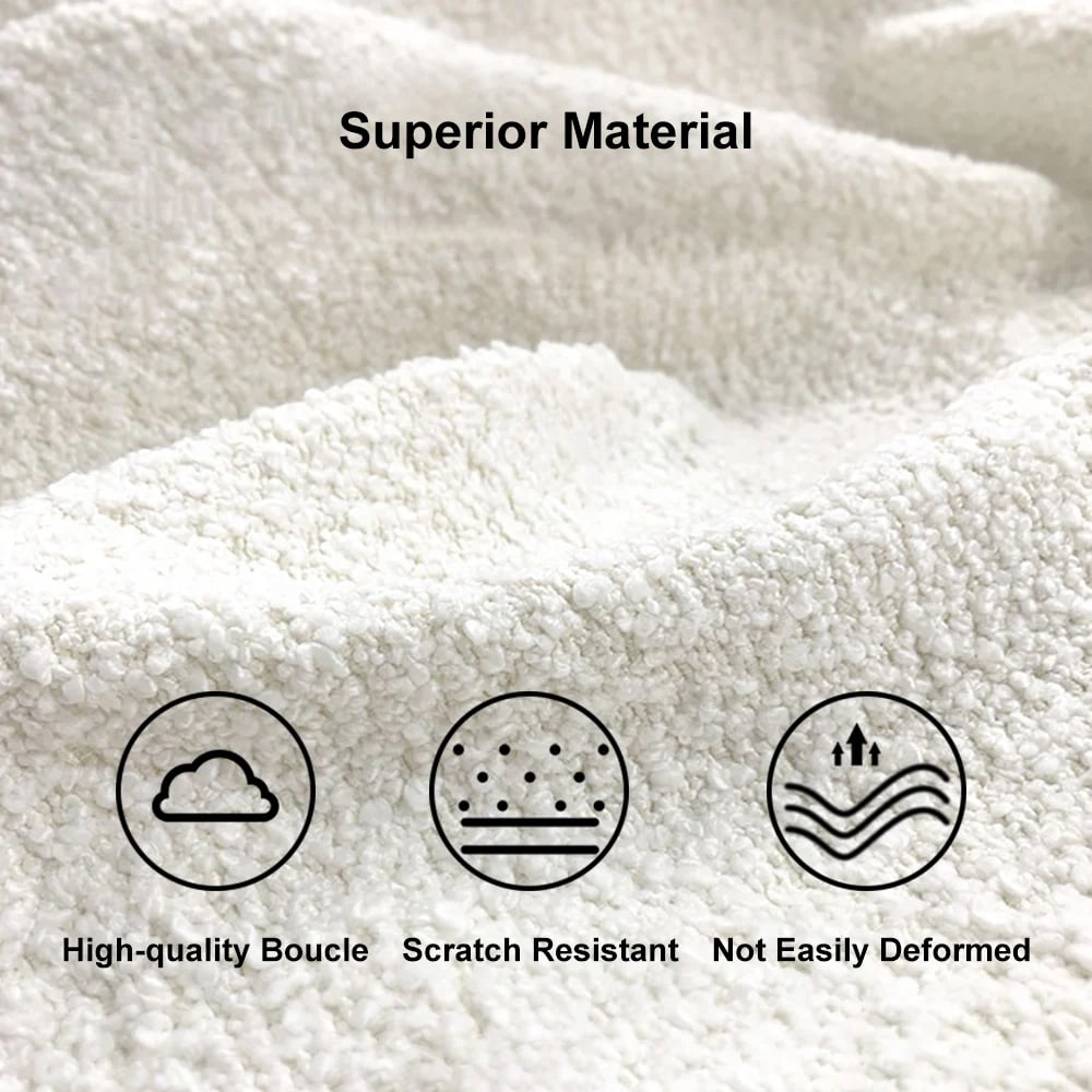 Close-up of white fabric with 'Superior Material' text and icons indicating high-quality boucle, scratch resistance, and durability.