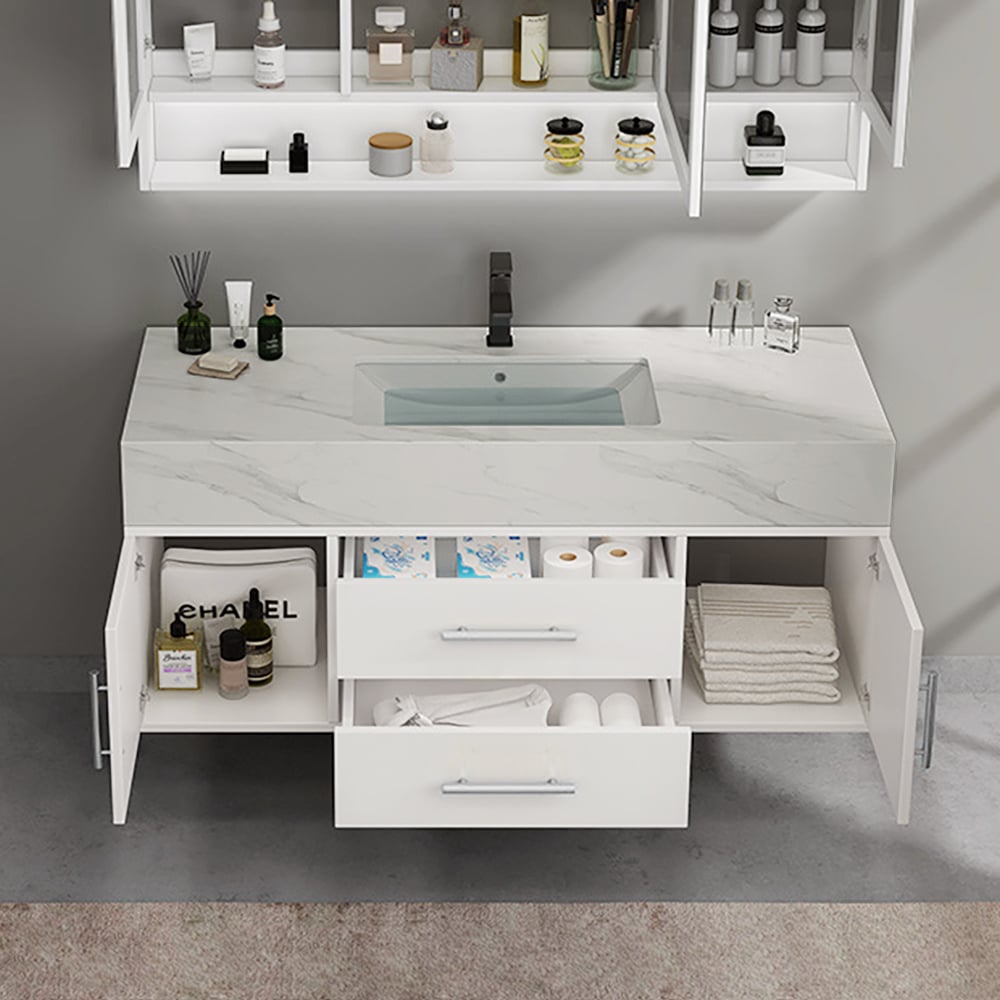 Bathroom vanity with sink and storage compartments, featuring various toiletries.