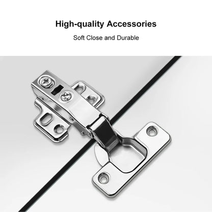 Metallic cabinet hinge on a white background with text 'High-quality Accessories' and 'Soft Close and Durable'.