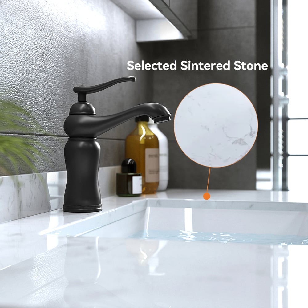 Black faucet on a kitchen counter with sintered stone countertop