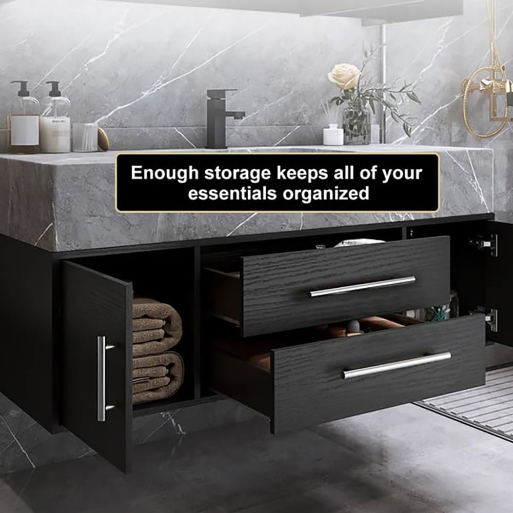 Bathroom vanity with open drawers and text overlay about storage organization.
