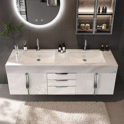 Bathroom vanity with double sink, cabinets, and decorative elements.