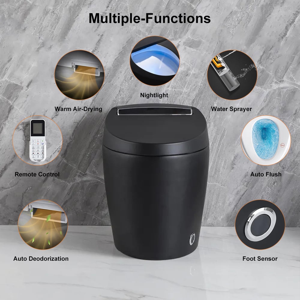 Black trash can with multiple functions displayed on a gray background