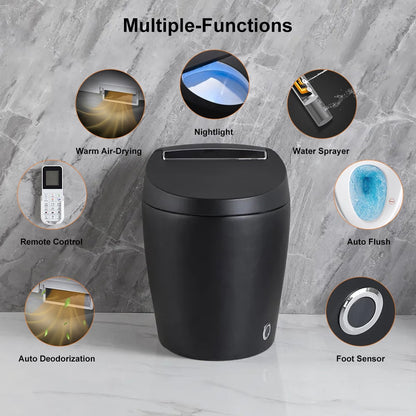 Black trash can with multiple functions displayed on a gray background