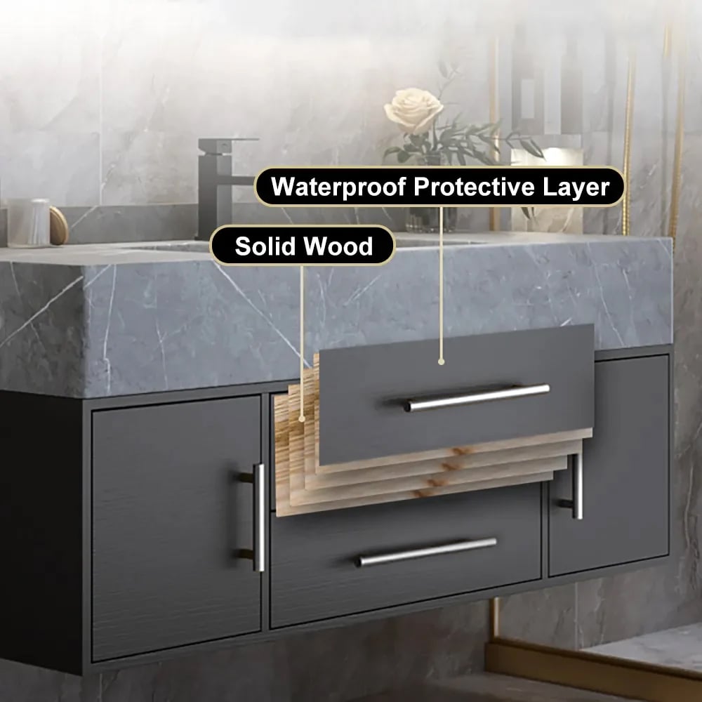 Bathroom vanity with gray cabinets and wooden accents, featuring a waterproof protective layer and solid wood components.